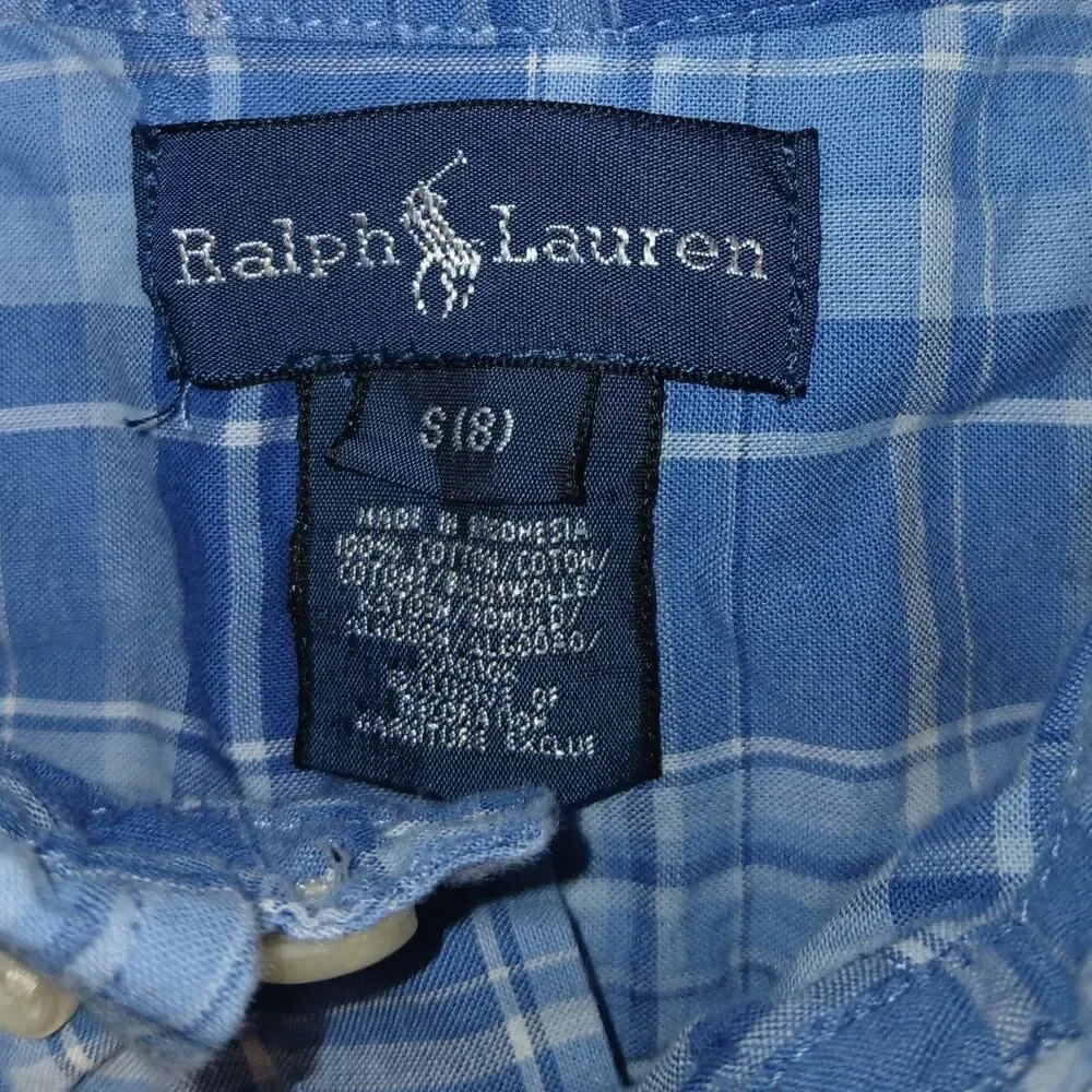 Stylish RALPH LAUREN Boys Blue Plaid Short Sleeve Dress Shirt - Size: Small/8